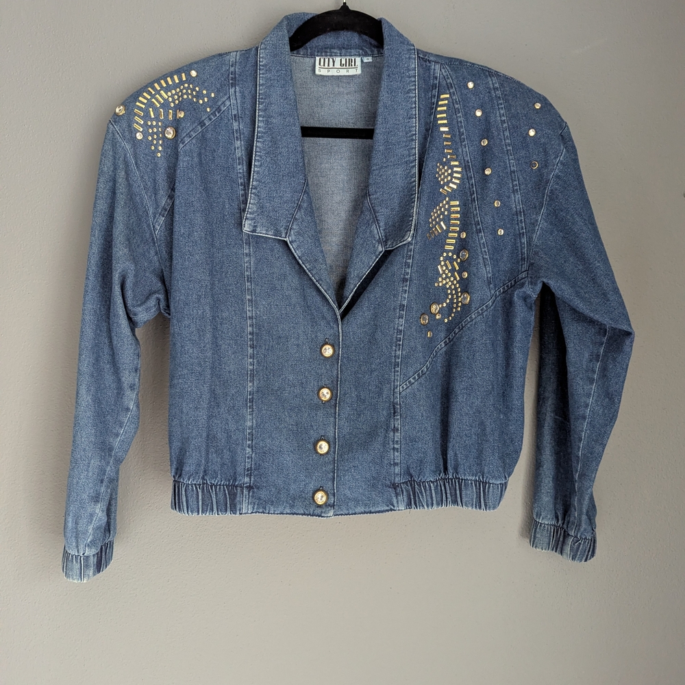 City Girl Blue Denim Jacket with Gold Stud Embellishments Size 8